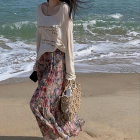 绝美海边穿搭！莫奈花园百褶半身裙