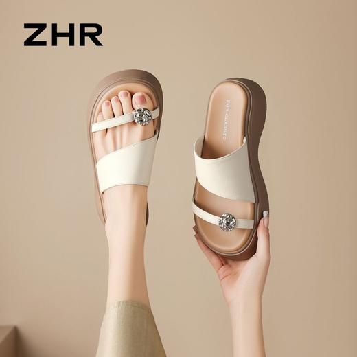 ZHR厚底增高水钻一字拖鞋女外2026夏季新款时尚平底法式沙滩拖鞋 商品图5