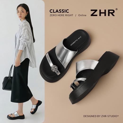 ZHR厚底增高水钻一字拖鞋女外2026夏季新款时尚平底法式沙滩拖鞋 商品图4