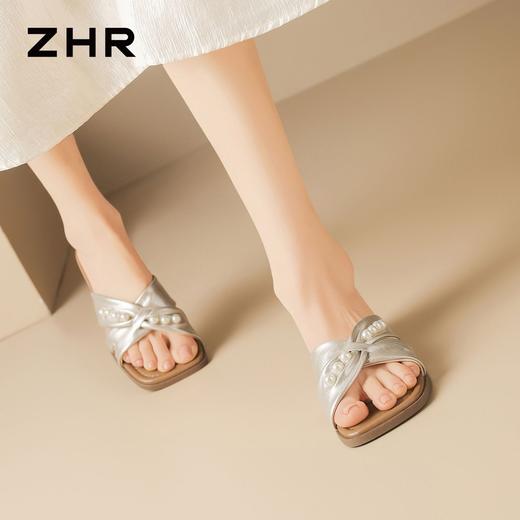 ZHR则则法式珍珠方头交叉带厚底拖鞋女外穿2026夏季新款增高女鞋 商品图1