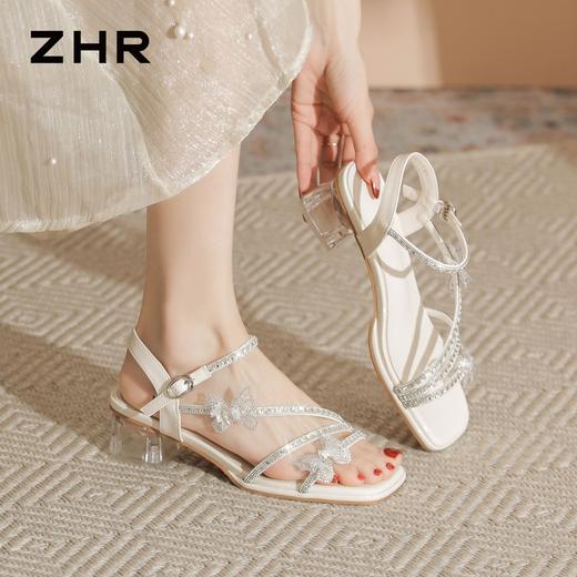 ZHR水钻蝴蝶结粗跟高跟鞋女2026夏季新款法式方头一字带气质凉鞋 商品图5
