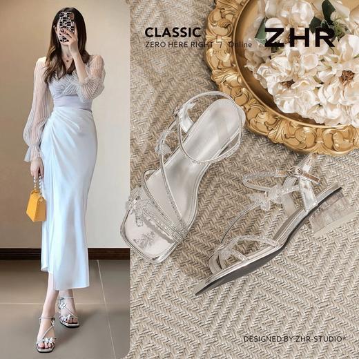 ZHR水钻蝴蝶结粗跟高跟鞋女2026夏季新款法式方头一字带气质凉鞋 商品图1