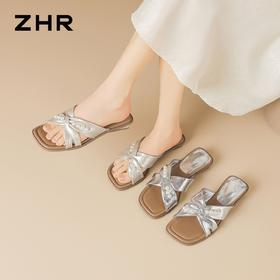 ZHR则则法式珍珠方头交叉带厚底拖鞋女外穿2026夏季新款增高女鞋
