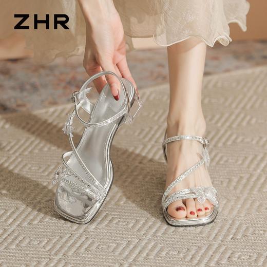 ZHR水钻蝴蝶结粗跟高跟鞋女2026夏季新款法式方头一字带气质凉鞋 商品图7