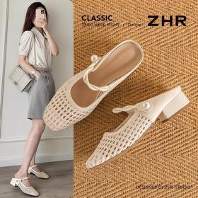 ZHR则则复古编织粗跟包头拖鞋外穿透气2026夏季新款百搭穆勒女鞋
