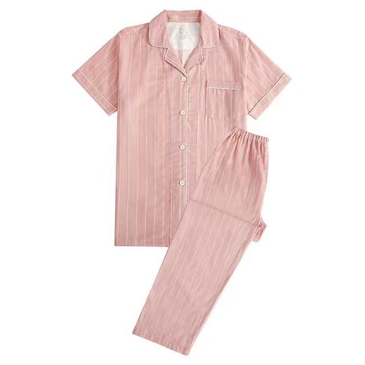 100%棉双层纱 短袖长裤 竖条纹男女家居服  A-6009 商品图0
