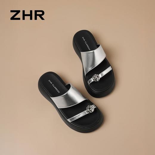 ZHR厚底增高水钻一字拖鞋女外2026夏季新款时尚平底法式沙滩拖鞋 商品图9