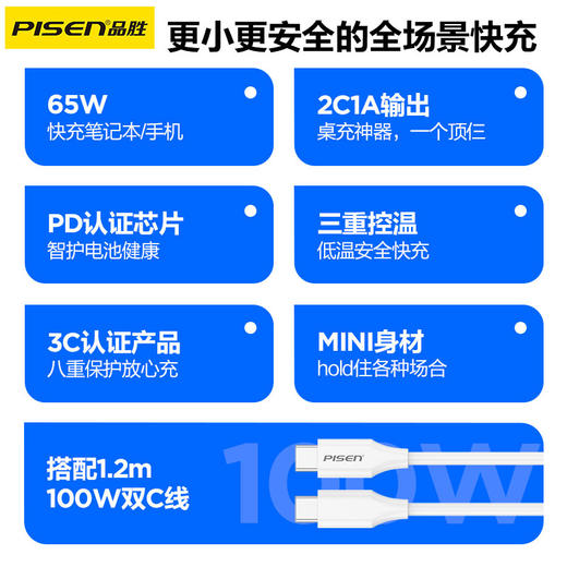 品胜 65W口袋氮化镓智能多口迷你充电器2C1A 双Type-C口+USB接口 支持苹果PD快充 商品图4