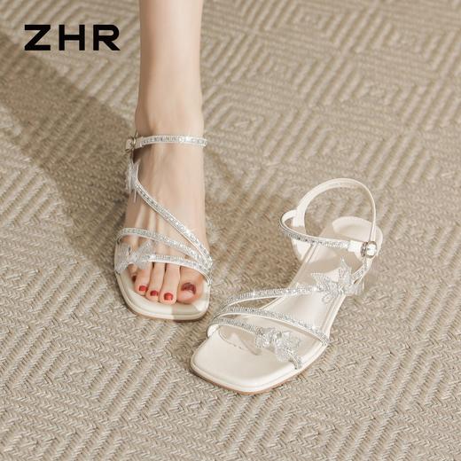 ZHR水钻蝴蝶结粗跟高跟鞋女2026夏季新款法式方头一字带气质凉鞋 商品图6
