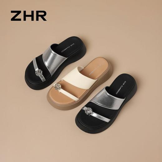 ZHR厚底增高水钻一字拖鞋女外2026夏季新款时尚平底法式沙滩拖鞋 商品图3