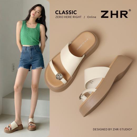 ZHR厚底增高水钻一字拖鞋女外2026夏季新款时尚平底法式沙滩拖鞋 商品图2