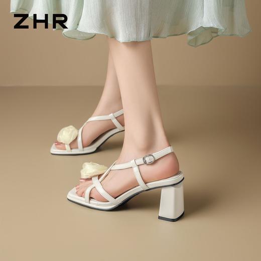 ZHR则则法式花朵方头粗跟高跟鞋女2026夏季新款百搭凉鞋洋气女鞋 商品图4