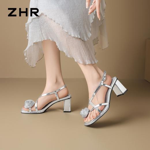 ZHR则则法式花朵方头粗跟高跟鞋女2026夏季新款百搭凉鞋洋气女鞋 商品图9