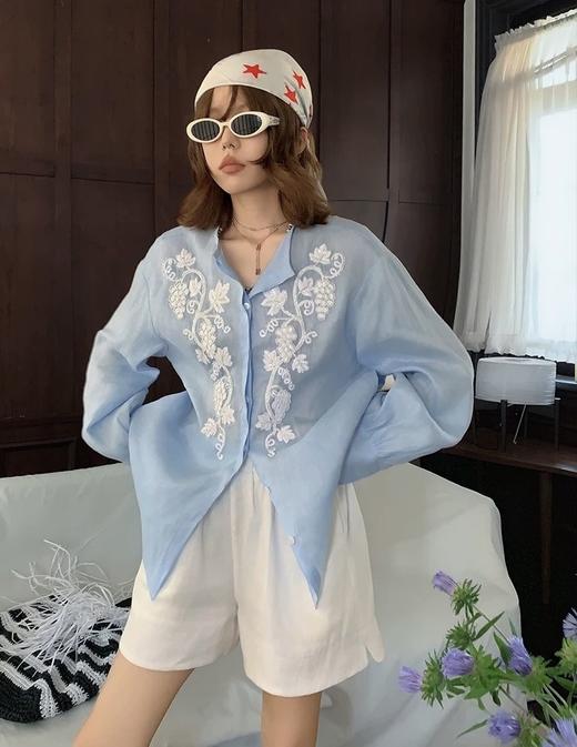 「蓝藤白绣套装  女士天丝亚麻套装 商品图0
