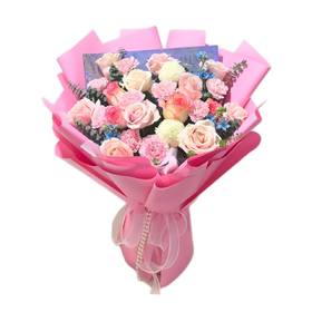 【母亲节】新鲜鲜花大花束·紫雾柔棠（9朵粉玫瑰+9朵粉康乃馨+其他配花配草）可备注送货时间