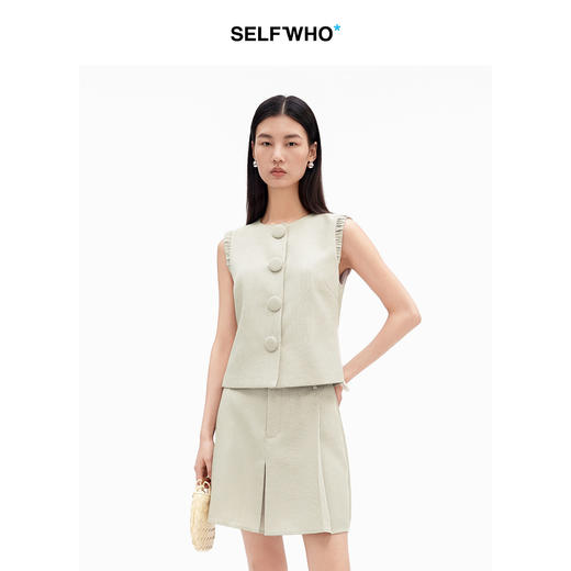 SELFWHO进口仿麻感老钱风短款圆领马甲女2026夏新款通勤直筒马夹 商品图0