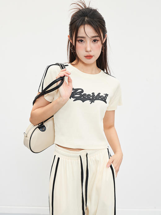 西遇美式复古短款女式T恤年春季新品撞色修身上衣LYM39011 商品图3