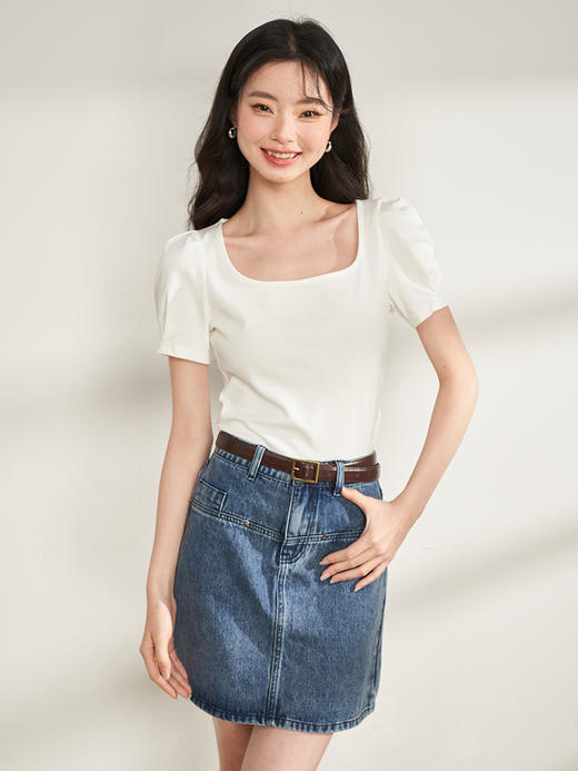 西遇纯欲风辣妹法式正肩夏t恤短袖女新款短款圆领打底衫上衣LYM39165 商品图2