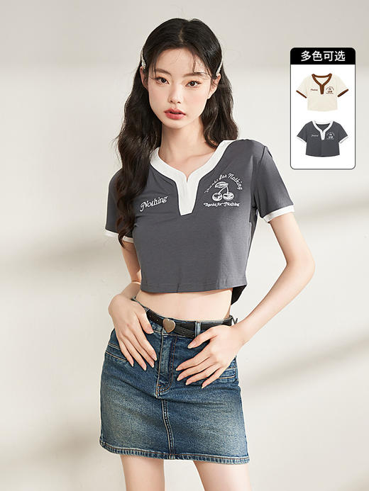西遇美式复古印花撞色V领T恤短袖女新款辣妹修身短款上衣夏装LYM39164 商品图0