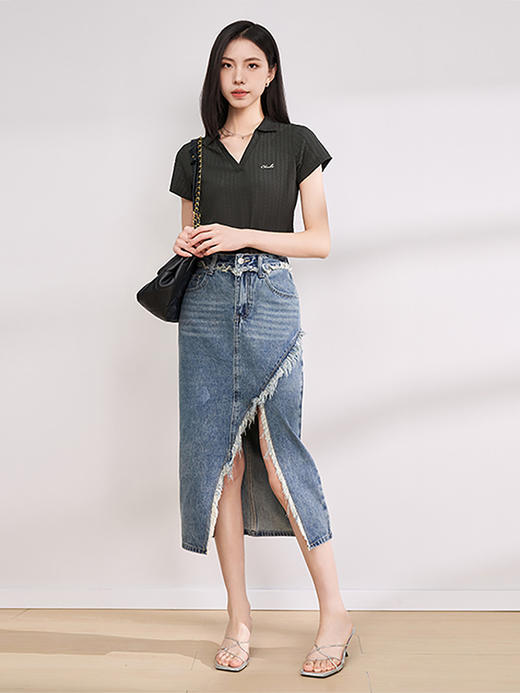 西遇POLO翻领T恤短款女夏季新款字母刺绣设计感休闲通勤百搭LYM39203 商品图1