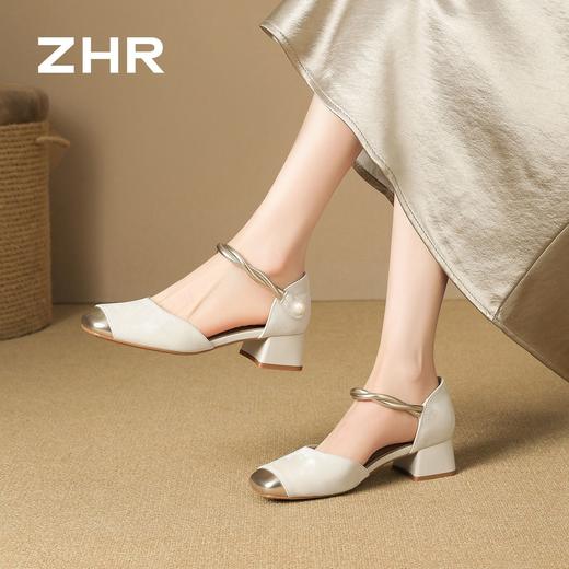 ZHR则则法式优雅包头凉鞋女2026新款羊皮垫珍珠扣魔术贴透气拖鞋 商品图3