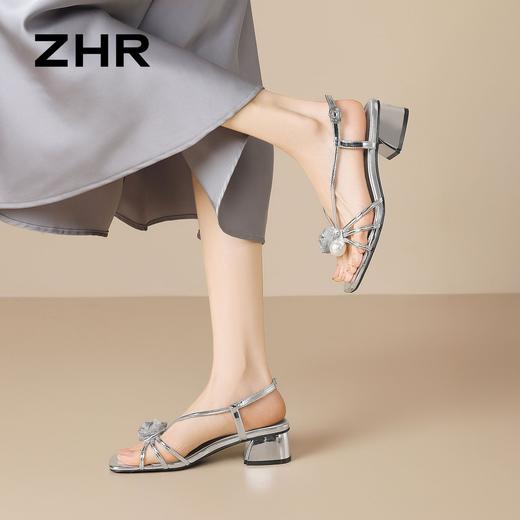 ZHR则则法式花朵方头珍珠粗跟凉鞋高跟2026夏季新款百搭女鞋银色 商品图5