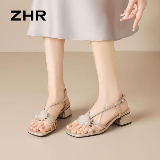 ZHR则则法式花朵方头珍珠粗跟凉鞋高跟2026夏季新款百搭女鞋银色 商品图8