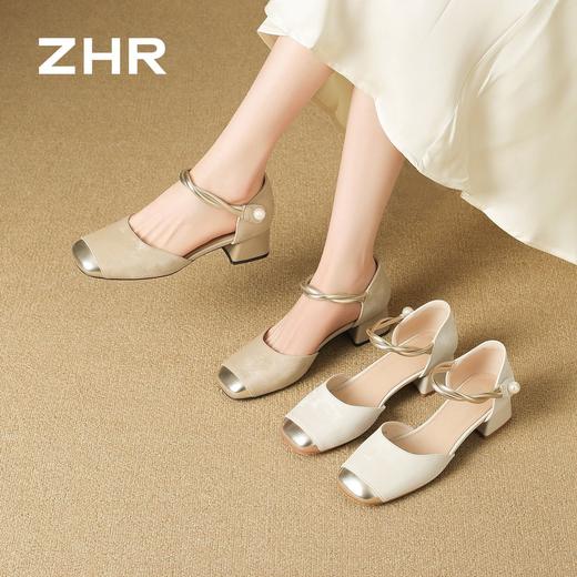 ZHR则则法式优雅包头凉鞋女2026新款羊皮垫珍珠扣魔术贴透气拖鞋 商品图0