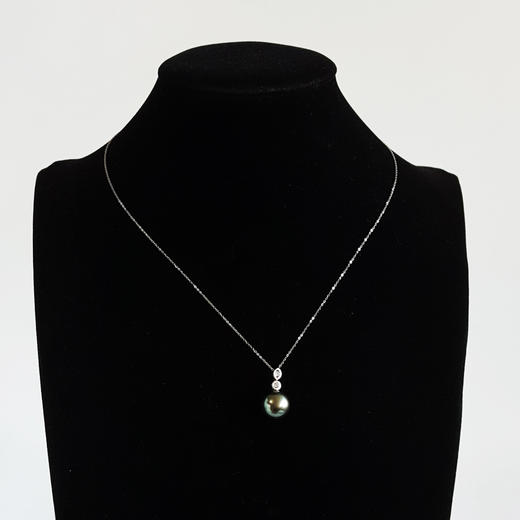 【天然正品】AU750白金镶钻镶天然近完美约12.5MM大溪地孔雀绿海水珍珠吊坠项链 200426NJT48 商品图5