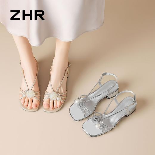 ZHR则则法式花朵方头珍珠粗跟凉鞋高跟2026夏季新款百搭女鞋银色 商品图2