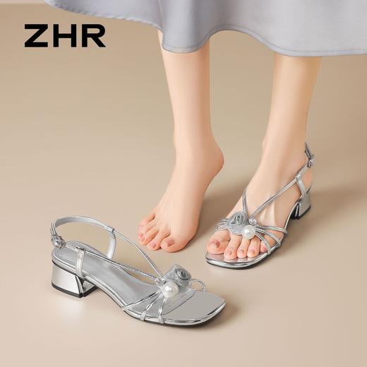 ZHR则则法式花朵方头珍珠粗跟凉鞋高跟2026夏季新款百搭女鞋银色 商品图4