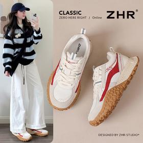 ZHR猪皮革新年红厚底德训鞋内增高阿甘鞋女春季新款休闲运动鞋女