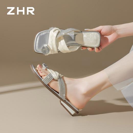 ZHR则则法式缎面水钻厚底拖鞋2026夏季新款软底优雅增高凉鞋单鞋 商品图5