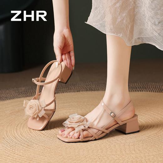 ZHR则则法式方头花朵粗跟一字凉鞋2026夏季新款女鞋温柔配裙子女 商品图3