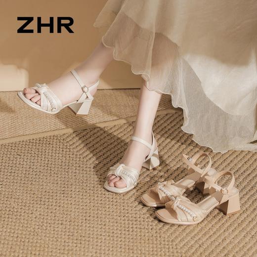 ZHR则则法式珍珠网纱方头粗跟凉鞋优雅2026夏季新款百搭女鞋气质 商品图1