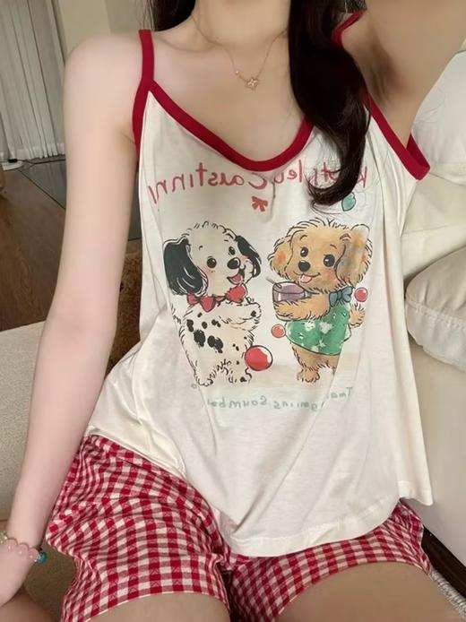 GZ买手优选红边吊带小狗睡衣女可爱卡通家居服套装红格小狗套装（3-5天发货） 172095202 商品图3