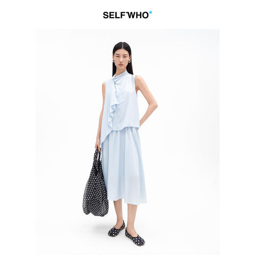 SELFWHO莱赛尔假两件荡褶围巾领连衣裙女2026夏季新款a字无袖长裙 商品图3