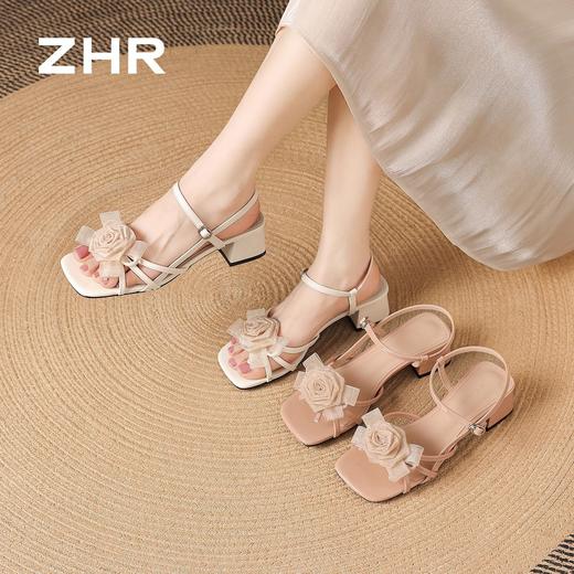 ZHR则则法式方头花朵粗跟一字凉鞋2026夏季新款女鞋温柔配裙子女 商品图0