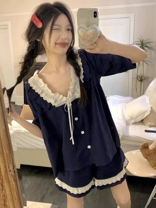 GZ买手优选藏蓝花边套装2026夏季小清新宫廷风睡衣女韩版家居服172095456（3-5天发货） 商品图4