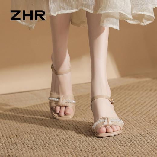 ZHR则则法式珍珠网纱方头粗跟凉鞋优雅2026夏季新款百搭女鞋气质 商品图8