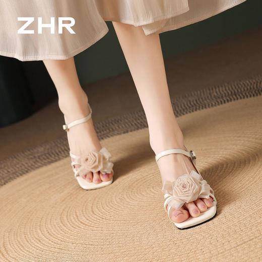 ZHR则则法式方头花朵粗跟一字凉鞋2026夏季新款女鞋温柔配裙子女 商品图7
