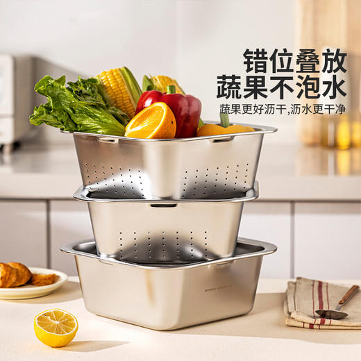 摩登主妇304不锈钢洗菜盆沥水篮多功能家用方形淘米神器双层网筛 商品图2