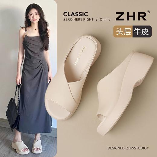 ZHR则则头层牛皮厚底一字拖鞋外穿2025夏季新百搭增高凉拖鞋 商品图1