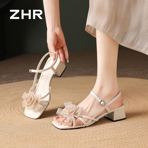 ZHR则则法式方头花朵粗跟一字凉鞋2026夏季新款女鞋温柔配裙子女 商品图6