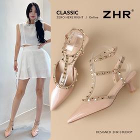 ZHR双带铆钉尖头高跟鞋2026新款高级感透气舒适凉鞋时尚优雅单鞋