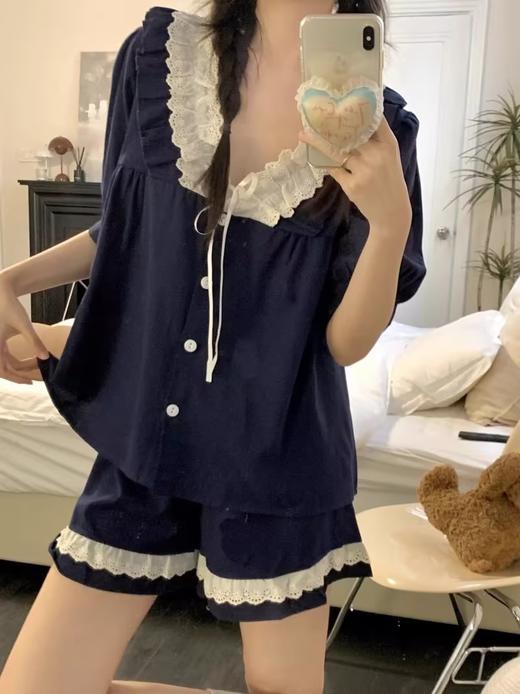 GZ买手优选藏蓝花边套装2026夏季小清新宫廷风睡衣女韩版家居服172095456（3-5天发货） 商品图2