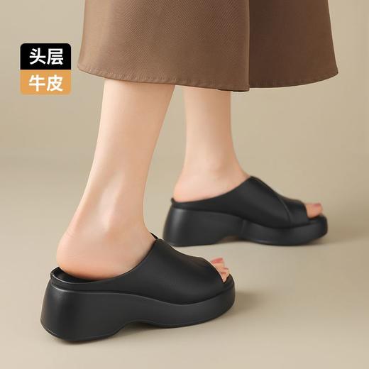 ZHR则则头层牛皮厚底一字拖鞋外穿2025夏季新百搭增高凉拖鞋 商品图3