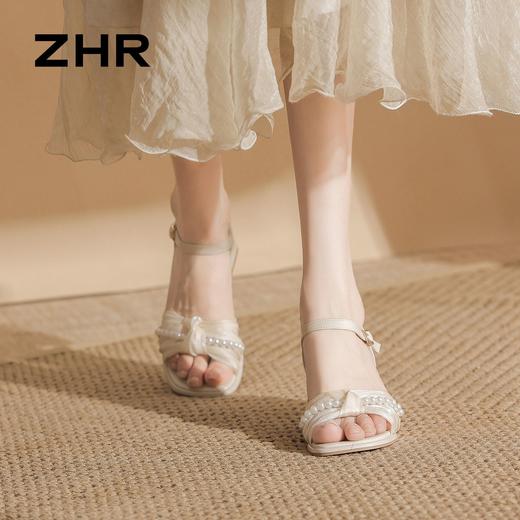 ZHR则则法式珍珠网纱方头粗跟凉鞋优雅2026夏季新款百搭女鞋气质 商品图4