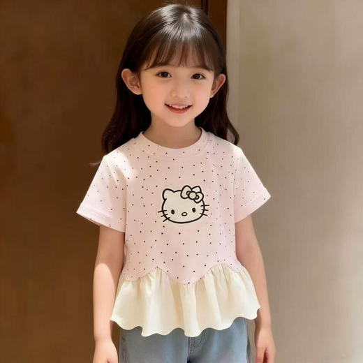 童洛萌女童夏装短袖T恤新款女宝宝洋气韩系kt猫印花冰丝波点上衣80-150★娃娃优选 商品图0