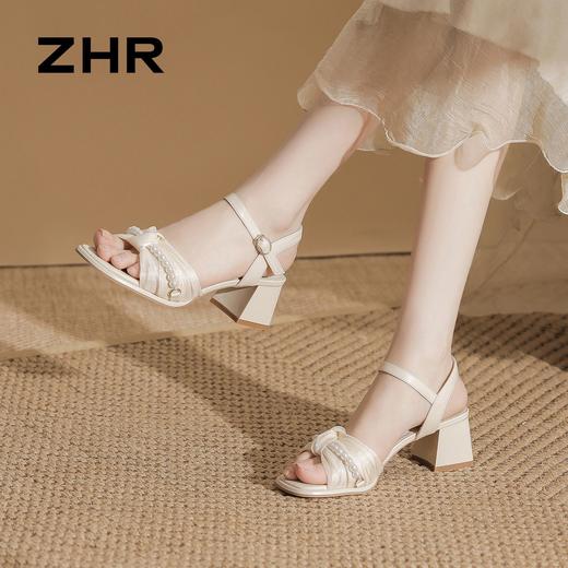 ZHR则则法式珍珠网纱方头粗跟凉鞋优雅2026夏季新款百搭女鞋气质 商品图2